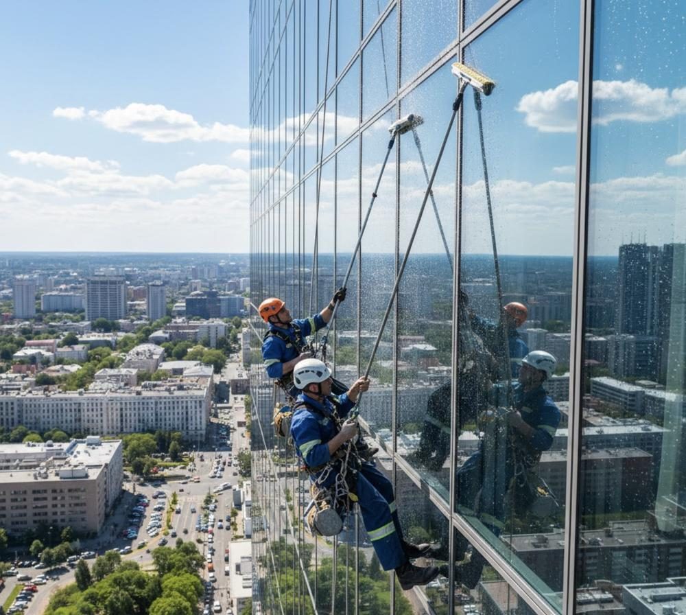 Limpieza de fachadas con acceso por cuerdas en un edificio de vidrio